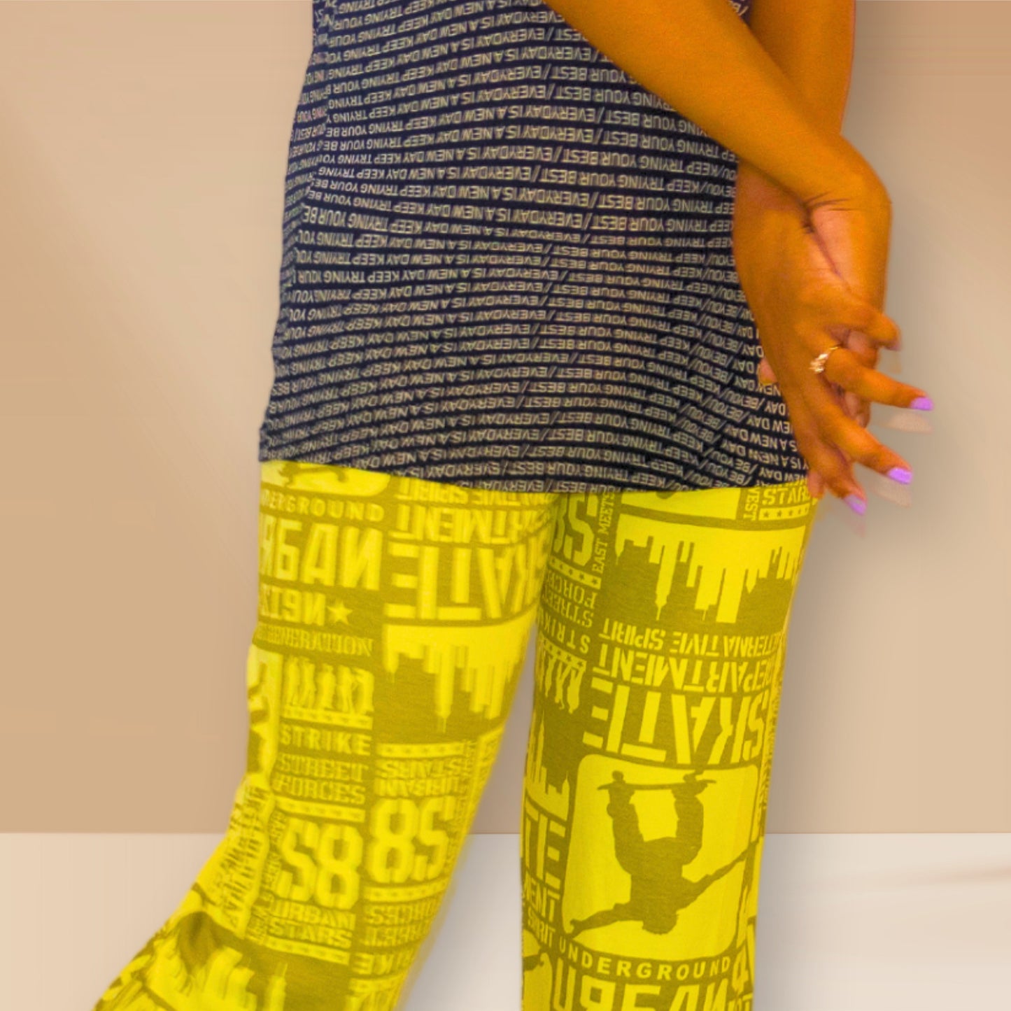 Black with flax yellow with text and graphics print M&M Night Dress (Copy)