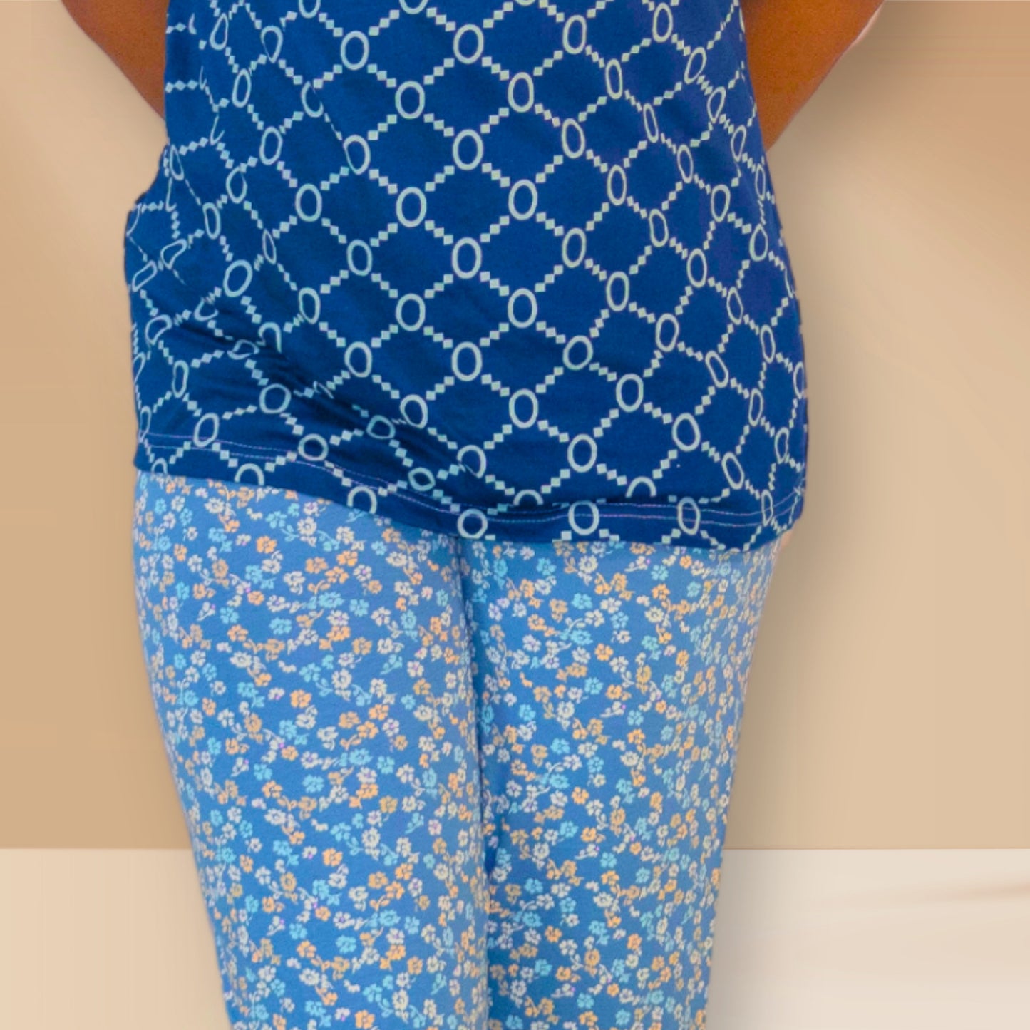 Blue on polo blue with geometric and floral print M&M prints