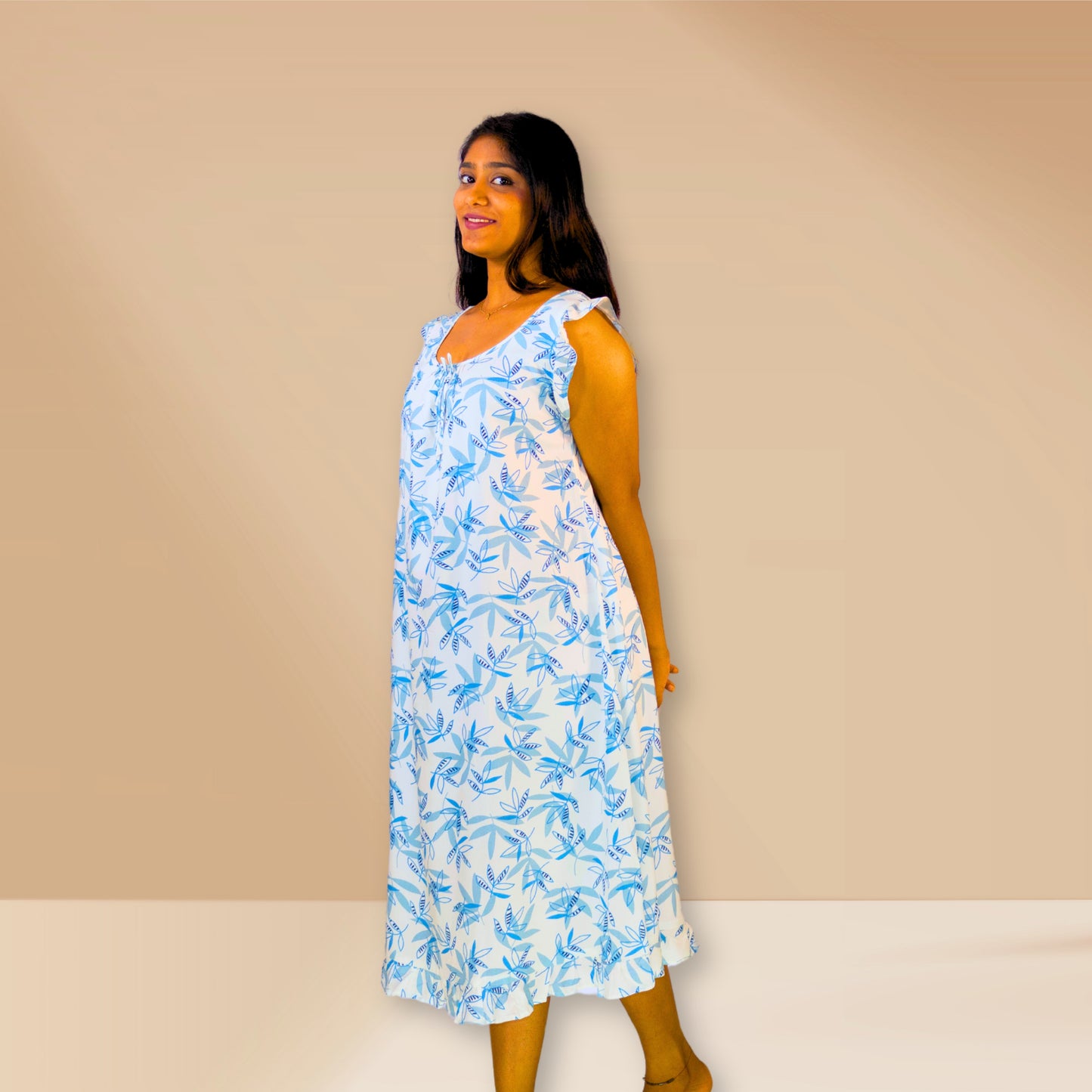 White with light blue frilled nighty.