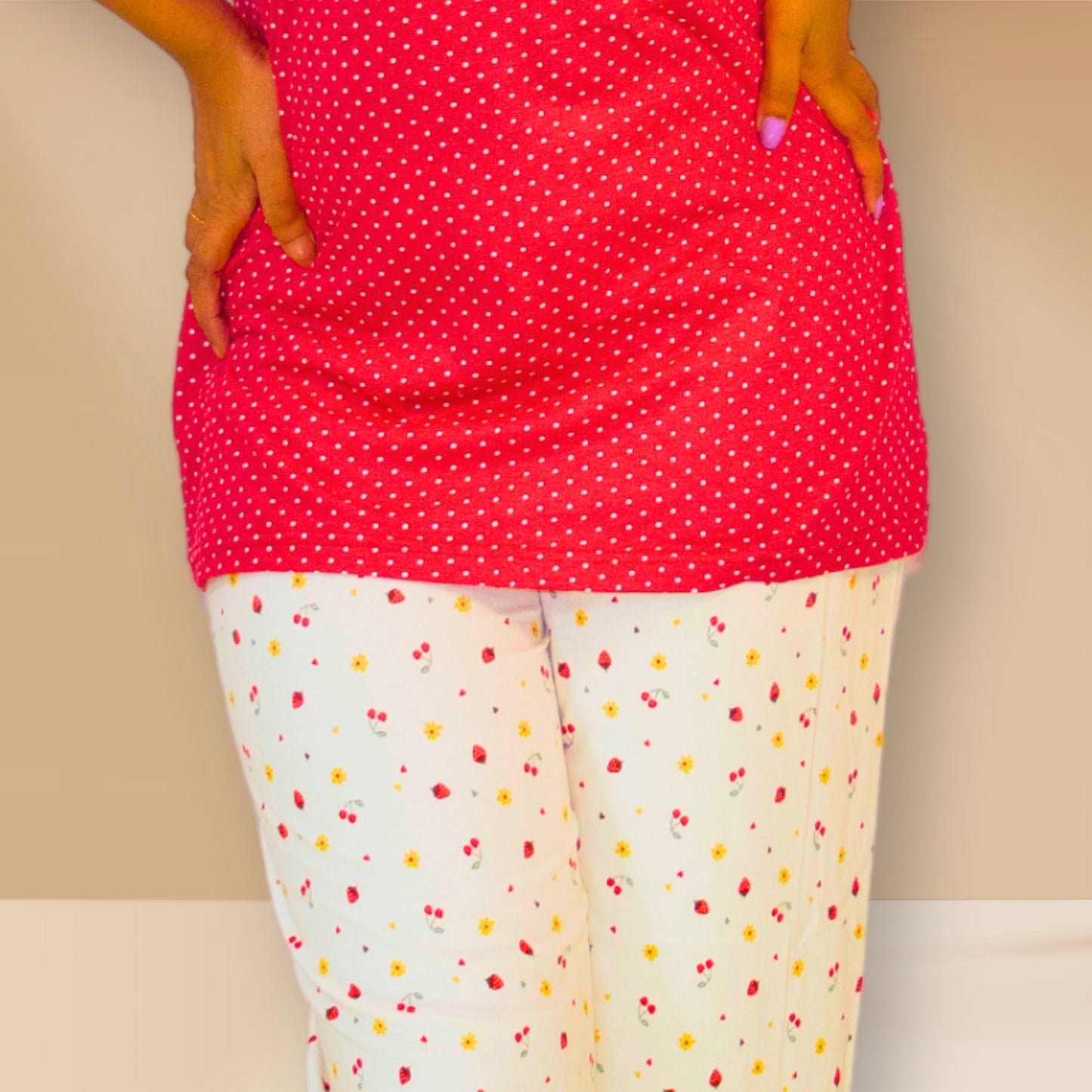 Red and off-white with polka dots and fruits print M&M Night Dress