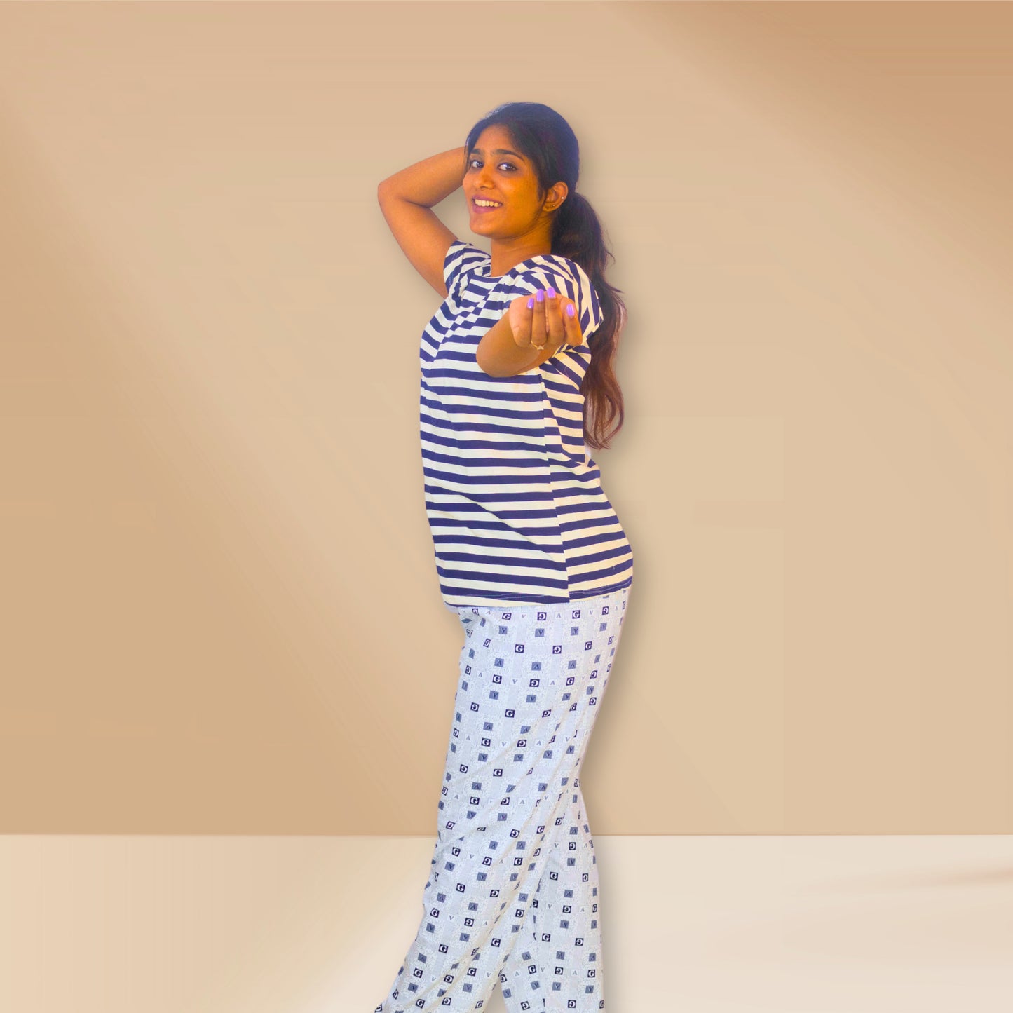 White and grey with stripes and abstract prints M&M Night dress