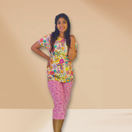 Light yellow and pink with abstract prints M&M Night dress