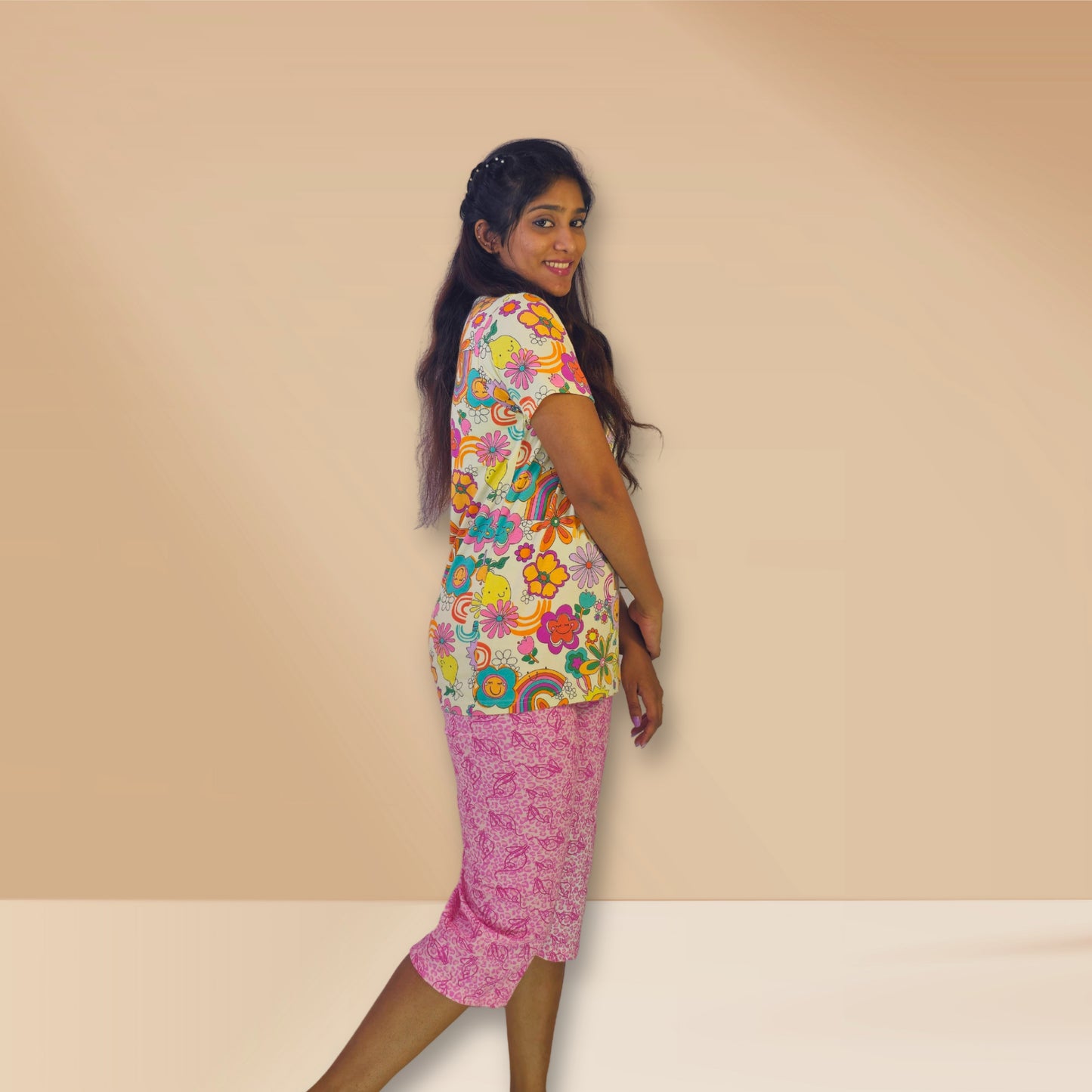 Light yellow and pink with abstract prints M&M Night dress