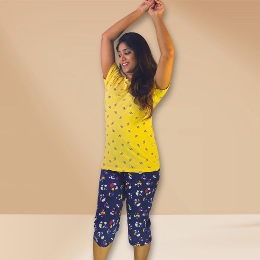 Yellow and blue with bumblebee and abstract prints M&M Night dress