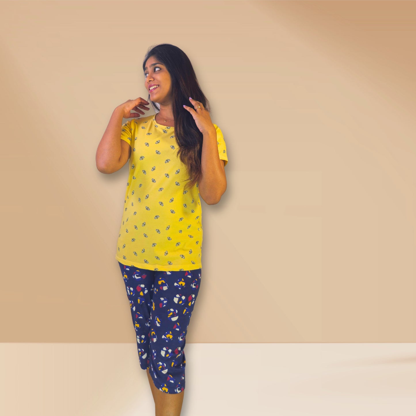 Yellow and blue with bumblebee and abstract prints M&M Night dress