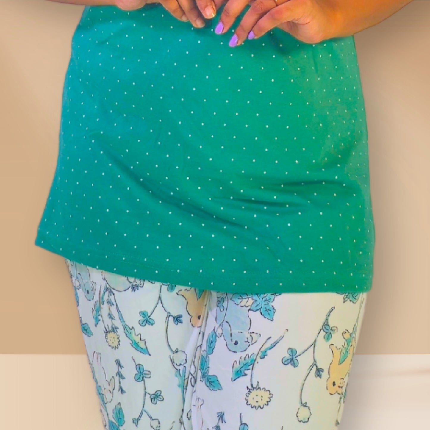 Green and white with polka dots and floral prints.