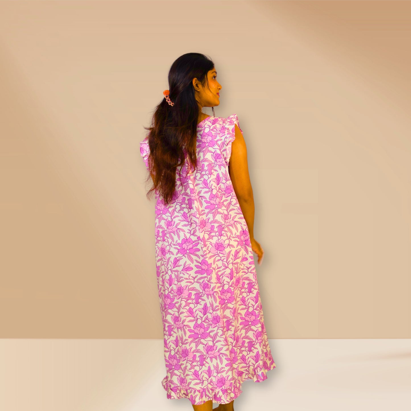 Off-white with orchid kiss Magenta floral print Frilled nighty.