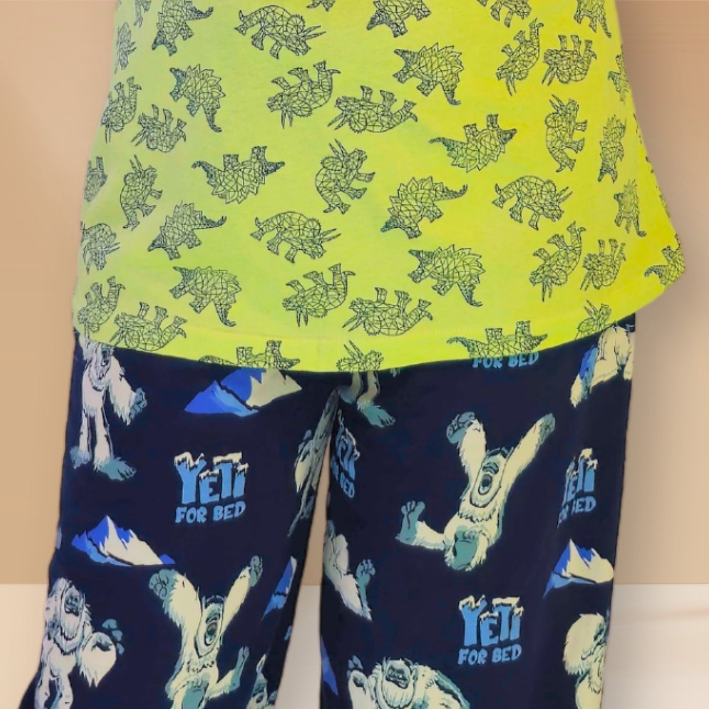 Greenish beige and bluish black with dino and yeti prints M&M Night dress