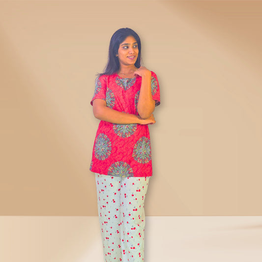 Love surge red and white with ethnic and cherry prints M&M Night dress