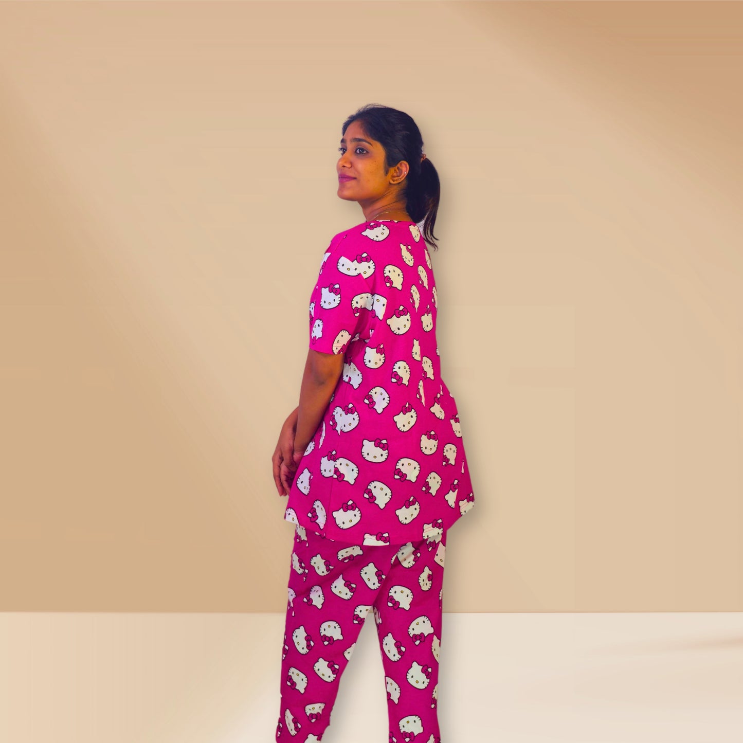 Bold pink with kitten prints Co-ord night dress set.