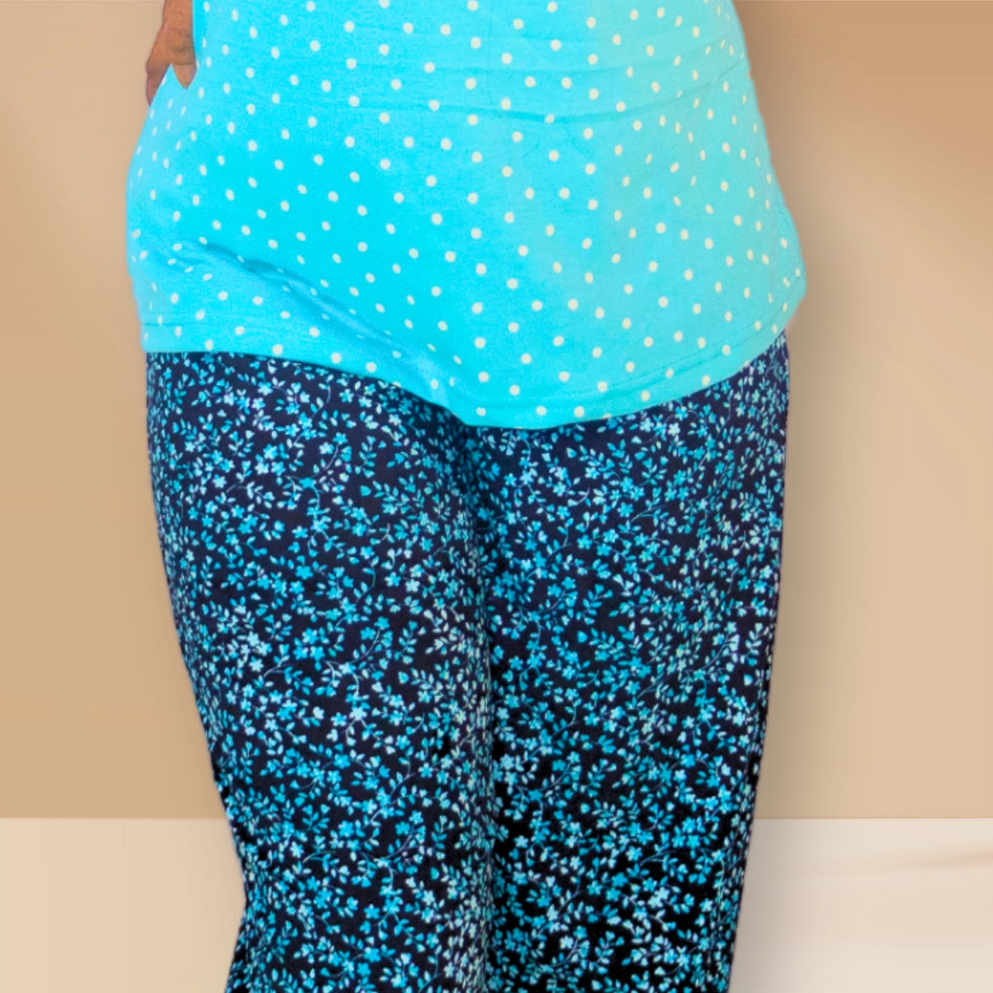 Deep sky blue with polka dots and black M&M night dress