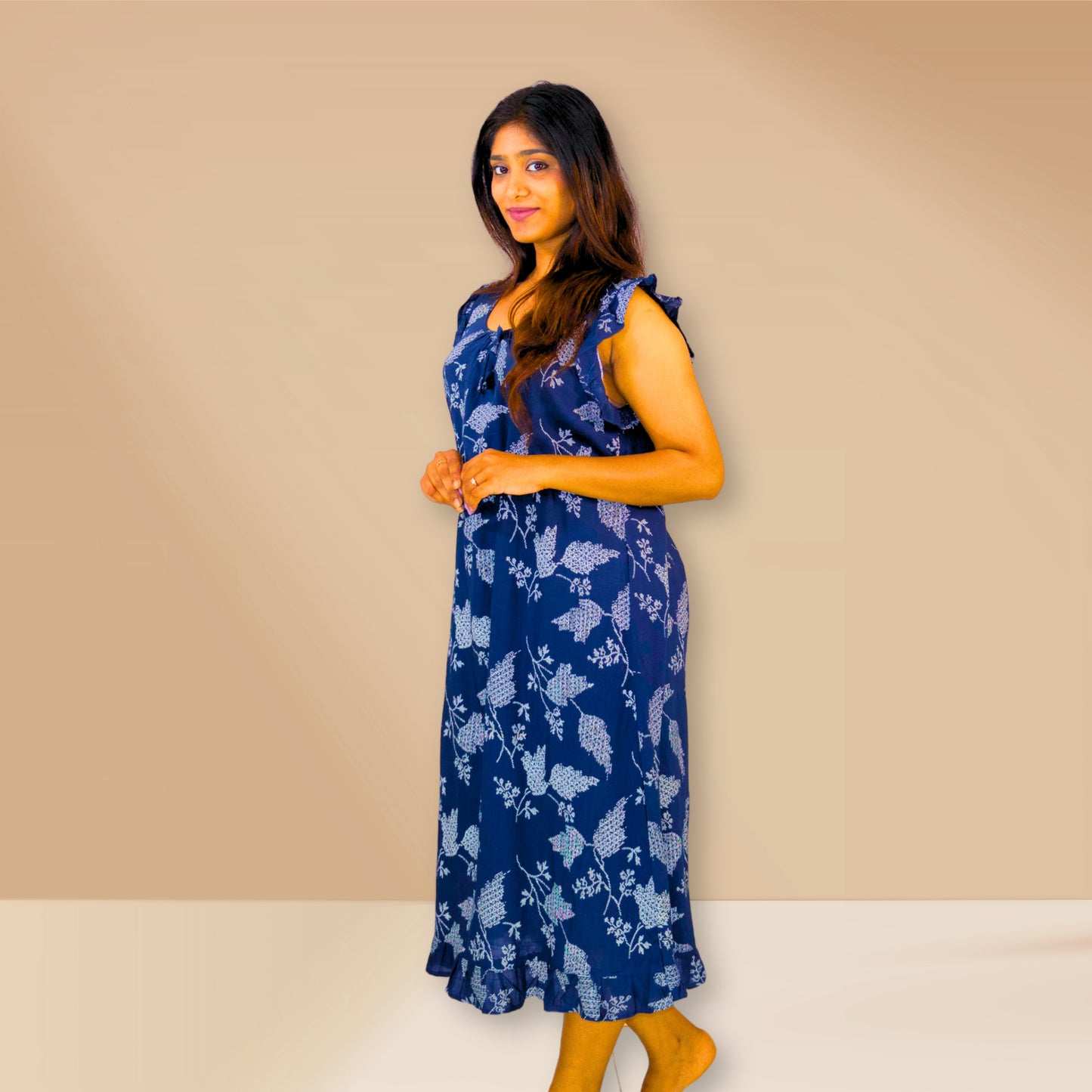 Blue with leaf prints frilled nighty.