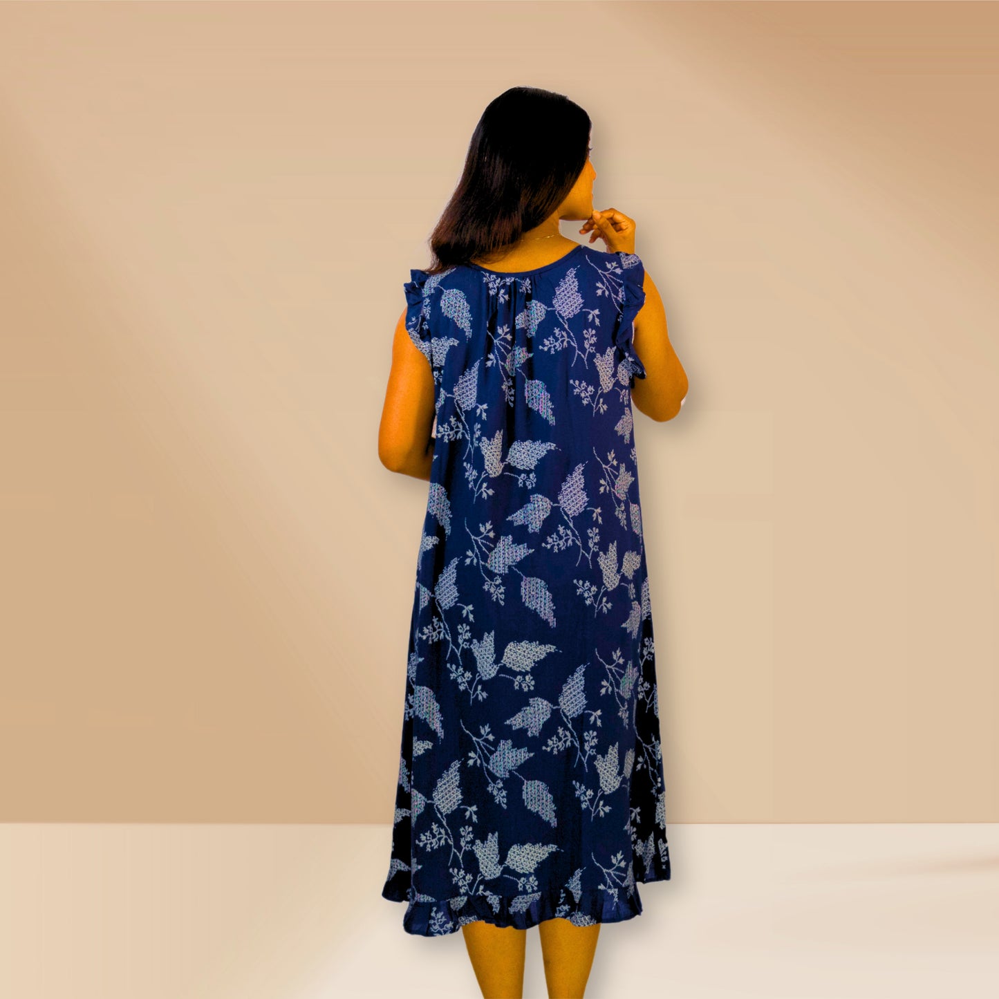 Blue with leaf prints frilled nighty.