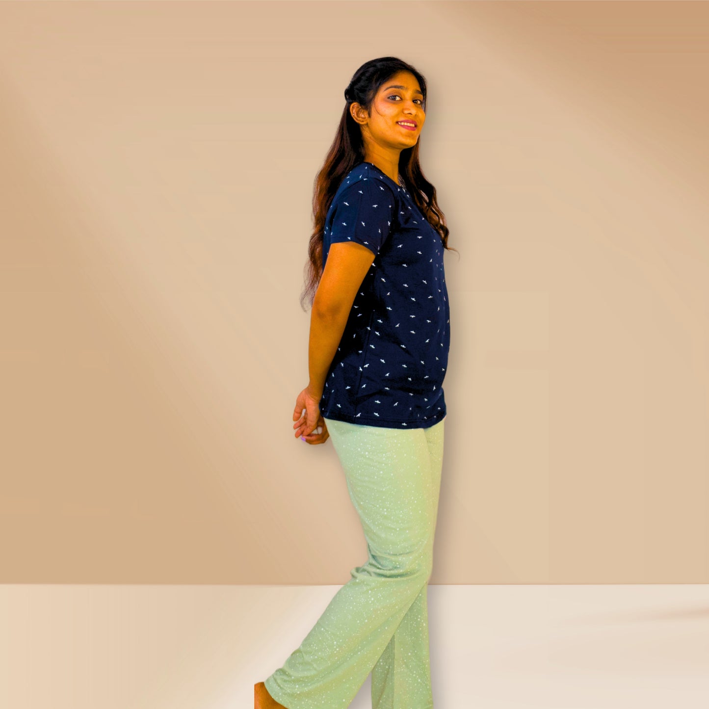 Navy blue with eagle prints and sour-dough green with white dots pants