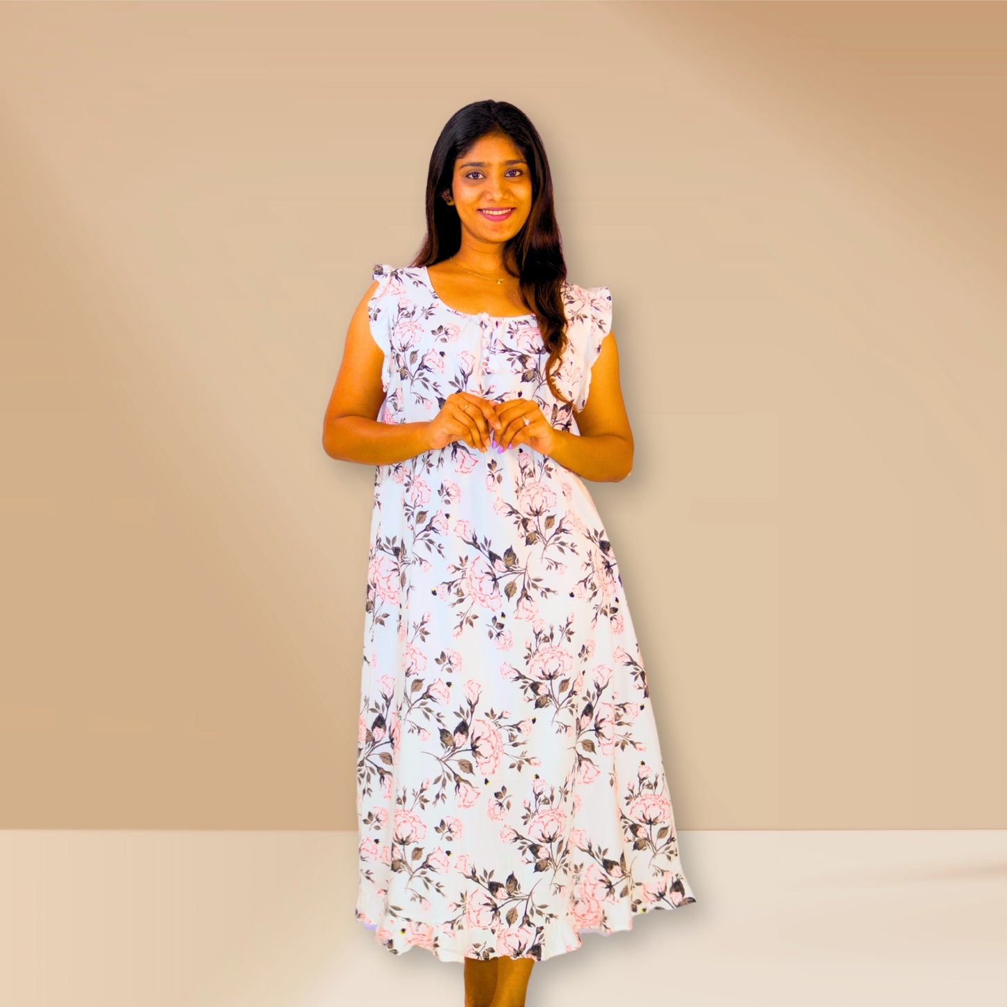 White with floral prints frilled Nighty.