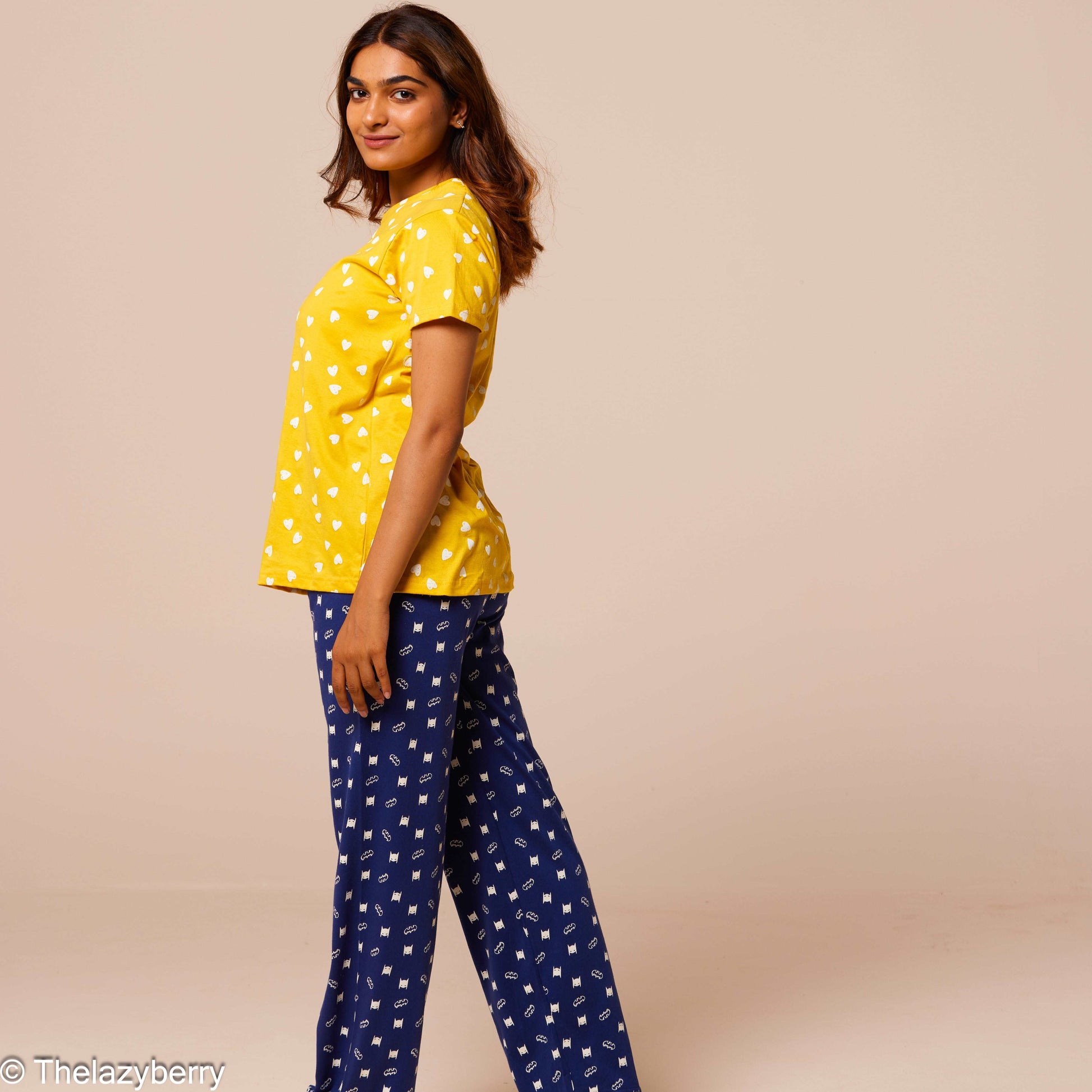 Yellow with heart prints and blue mix & match night dress