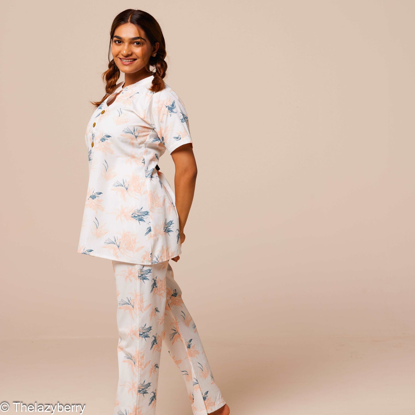 White with peach and blue leaf print Co-ord set