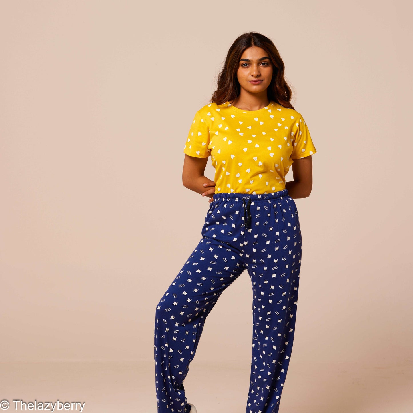 Yellow with heart prints and blue mix & match night dress