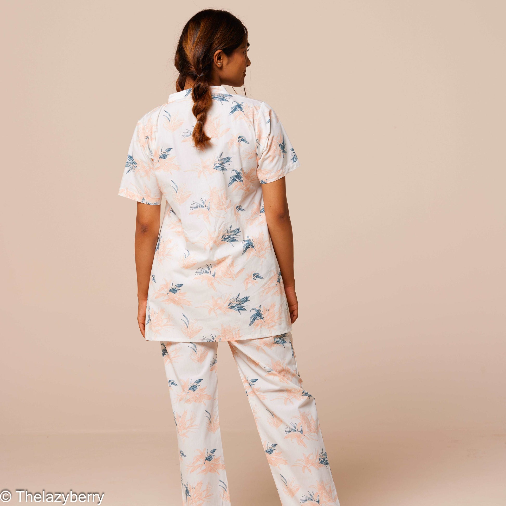 White with peach and blue leaf print Co-ord set