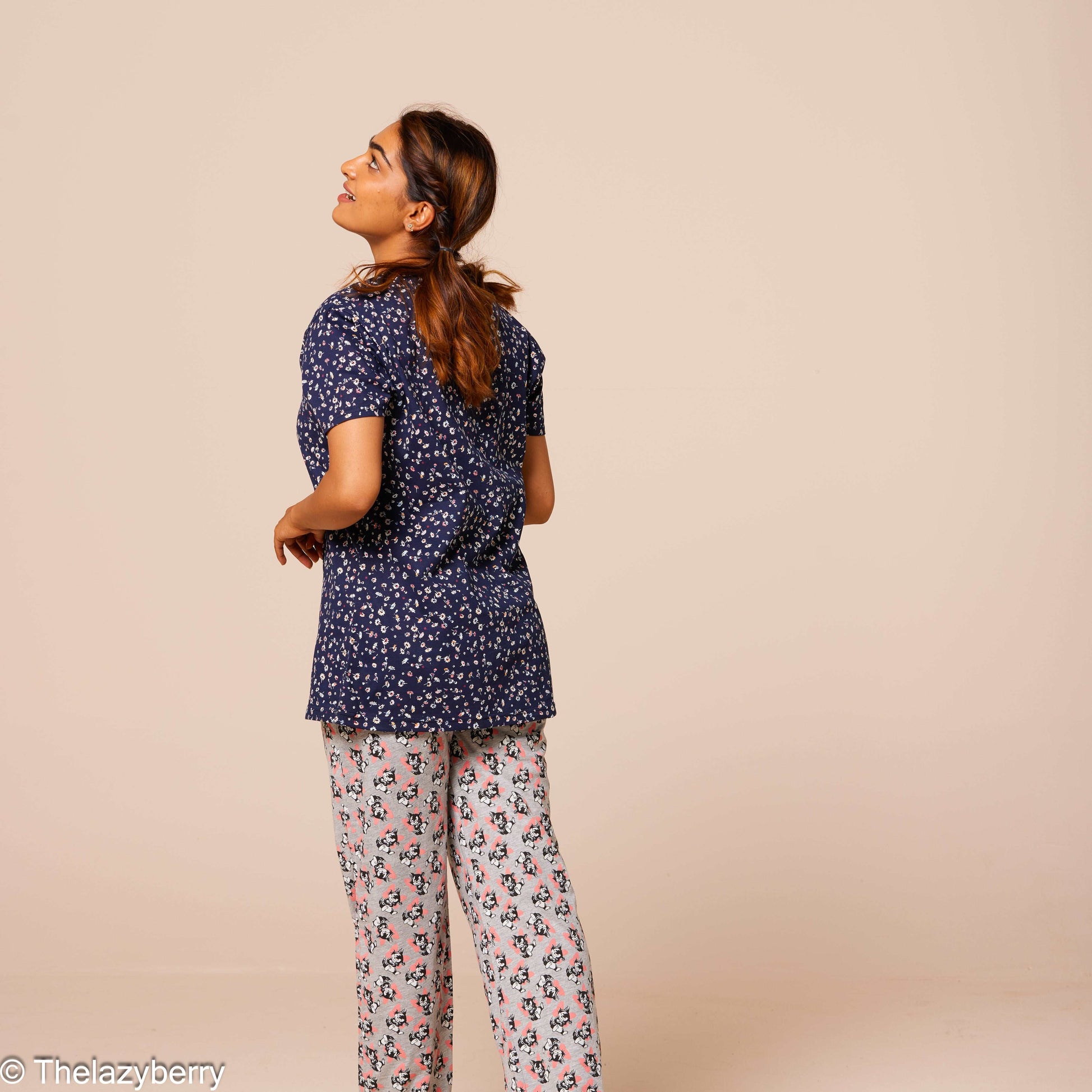 Navy blue with floral prints and grey mix & match night dress