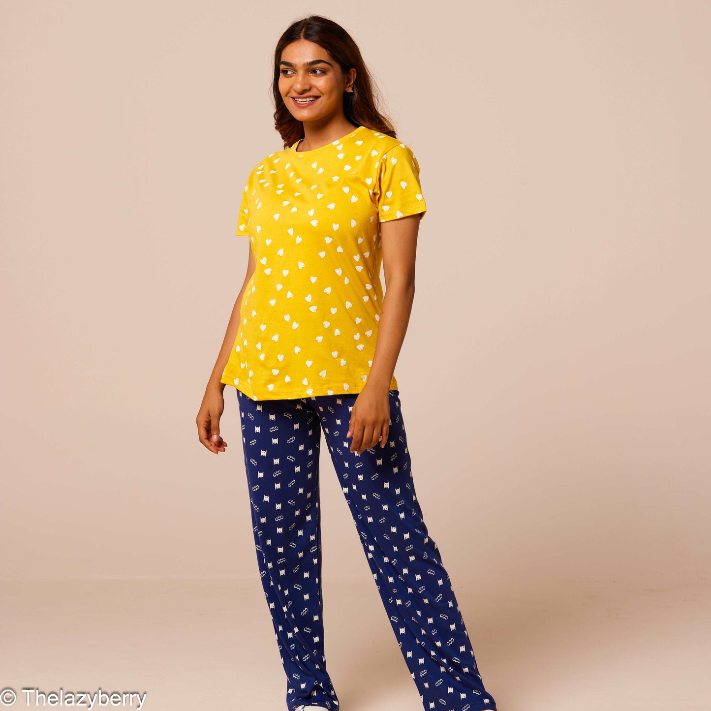 Yellow with heart prints and blue mix & match night dress