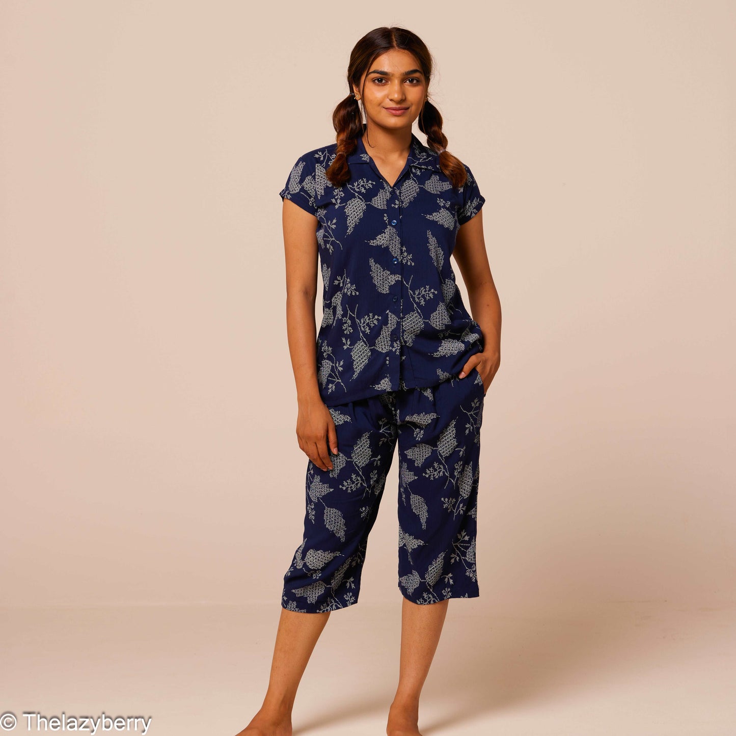 Blue with white leaf print Co-ord set